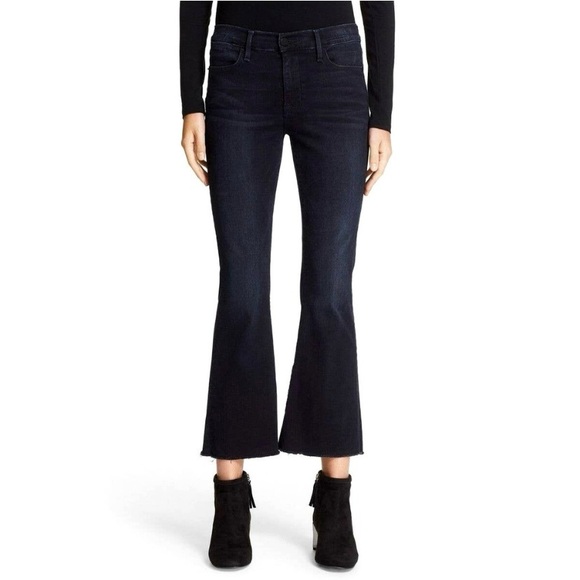Frame Denim Le High Flare Roxy Raw Hem Size 26 Cropped Dark Wash Blue Stretch - Picture 1 of 11